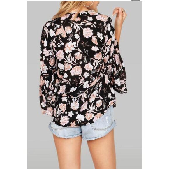 NWT Amuse Society Black Peach Pink Floral Long Bell Sleeve VNeck Boho Blouse SM - Picture 2 of 12